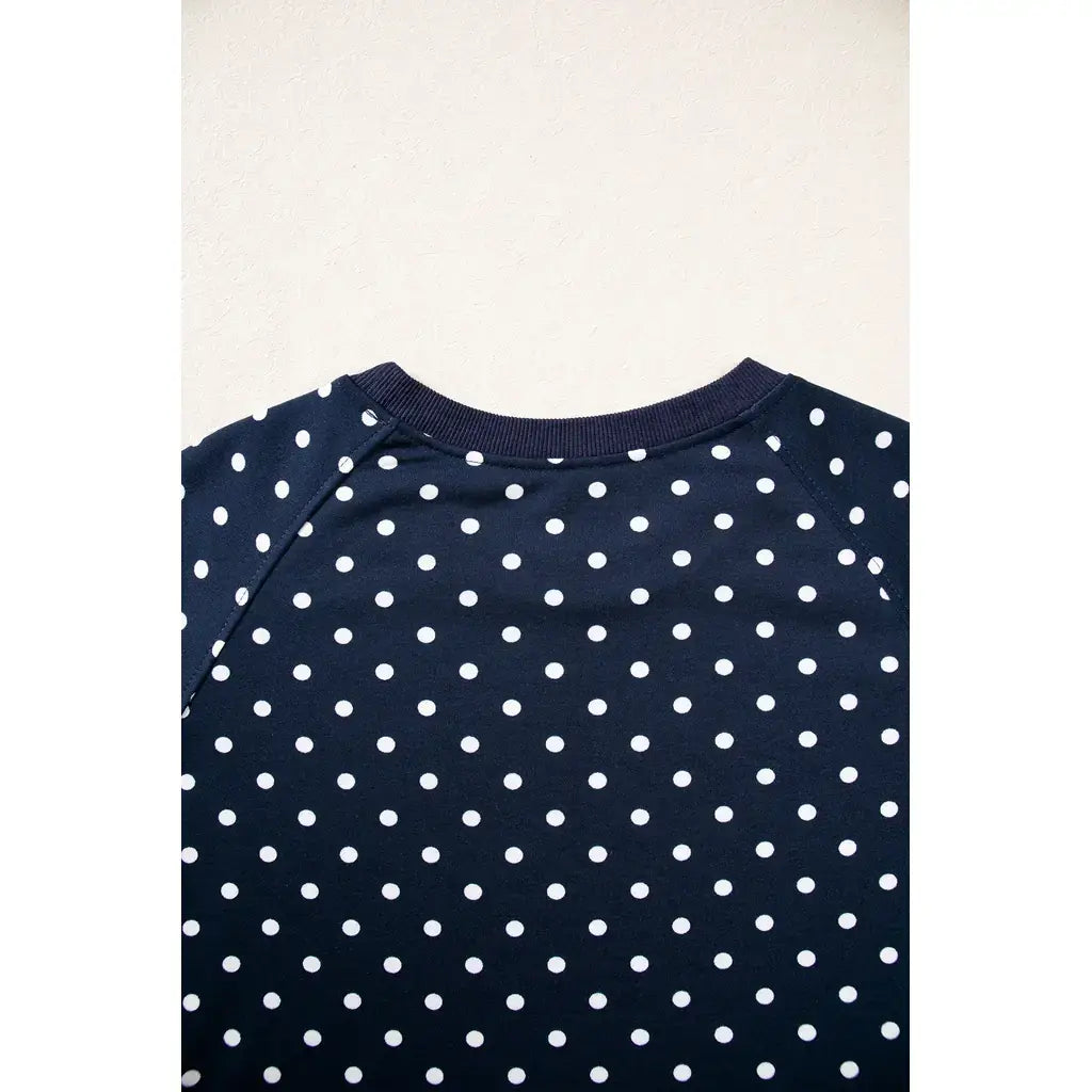 Blue Polka Dot Drawstring Wide Leg Long Sleeve Top Pant Set