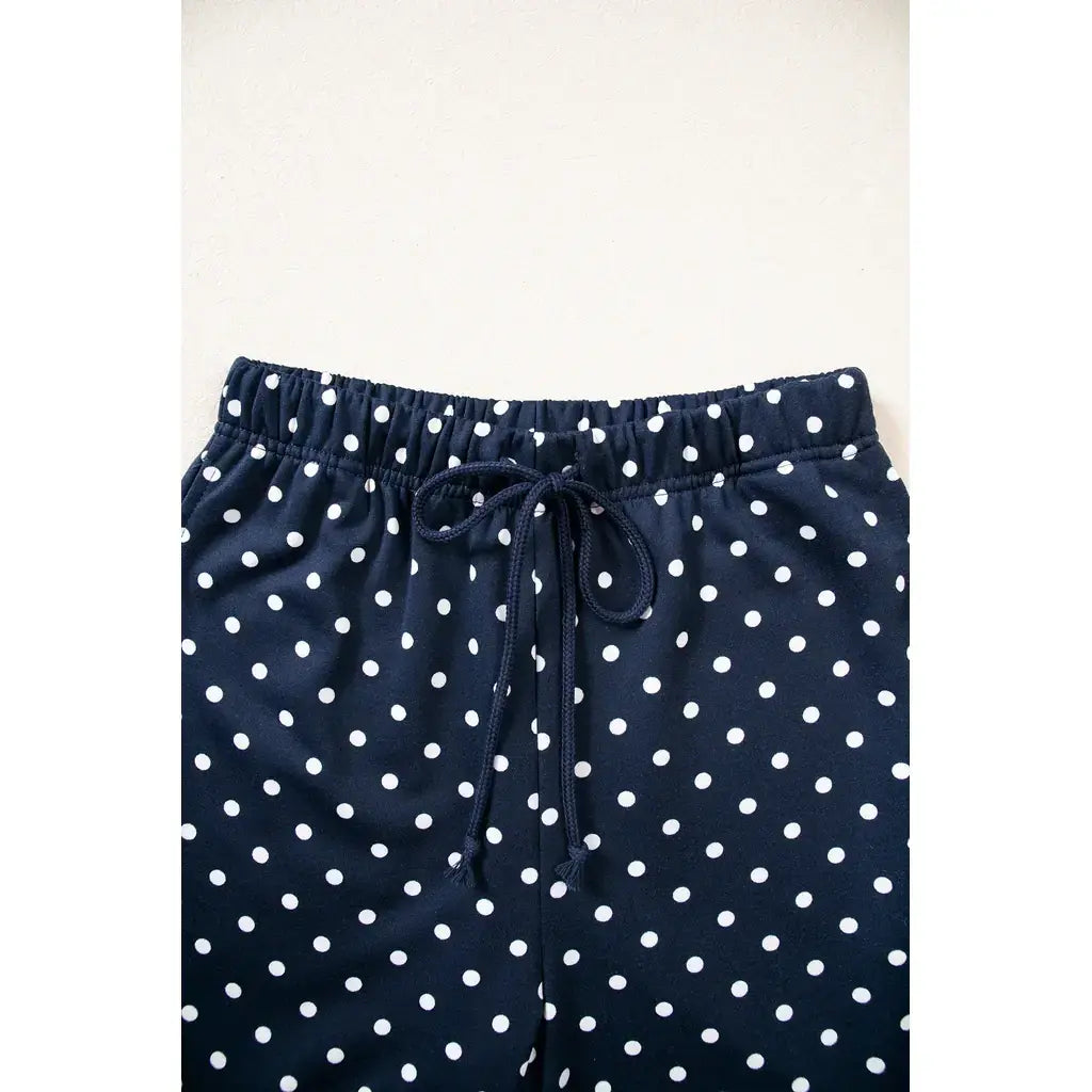 Blue Polka Dot Drawstring Wide Leg Long Sleeve Top Pant Set