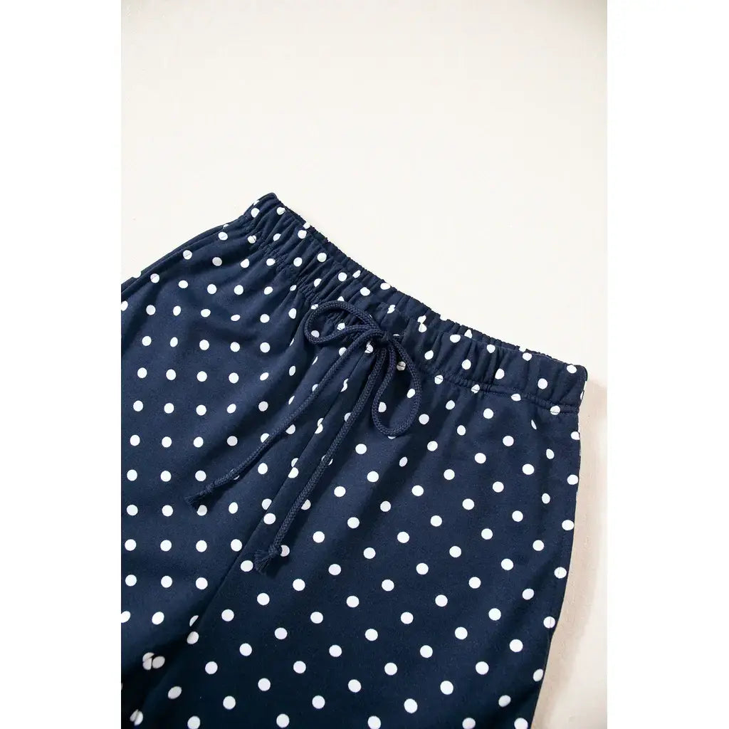 Blue Polka Dot Drawstring Wide Leg Long Sleeve Top Pant Set
