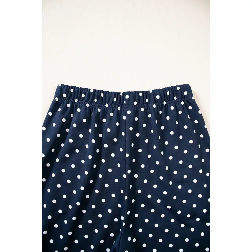 Blue Polka Dot Drawstring Wide Leg Long Sleeve Top Pant Set