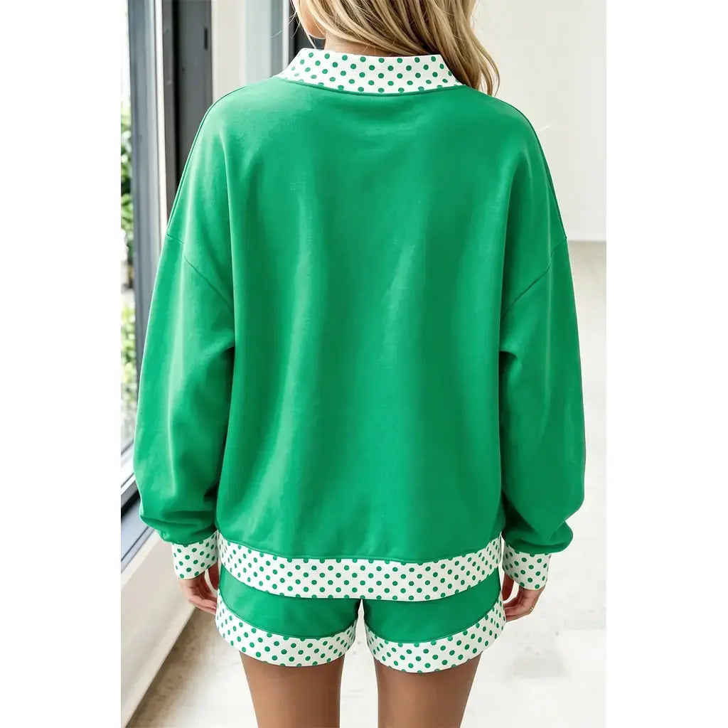 Bright Green Polka Dot Trim Baggy Pullover 2pcs Short Set