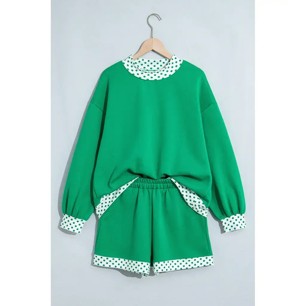 Bright Green Polka Dot Trim Baggy Pullover 2pcs Short Set