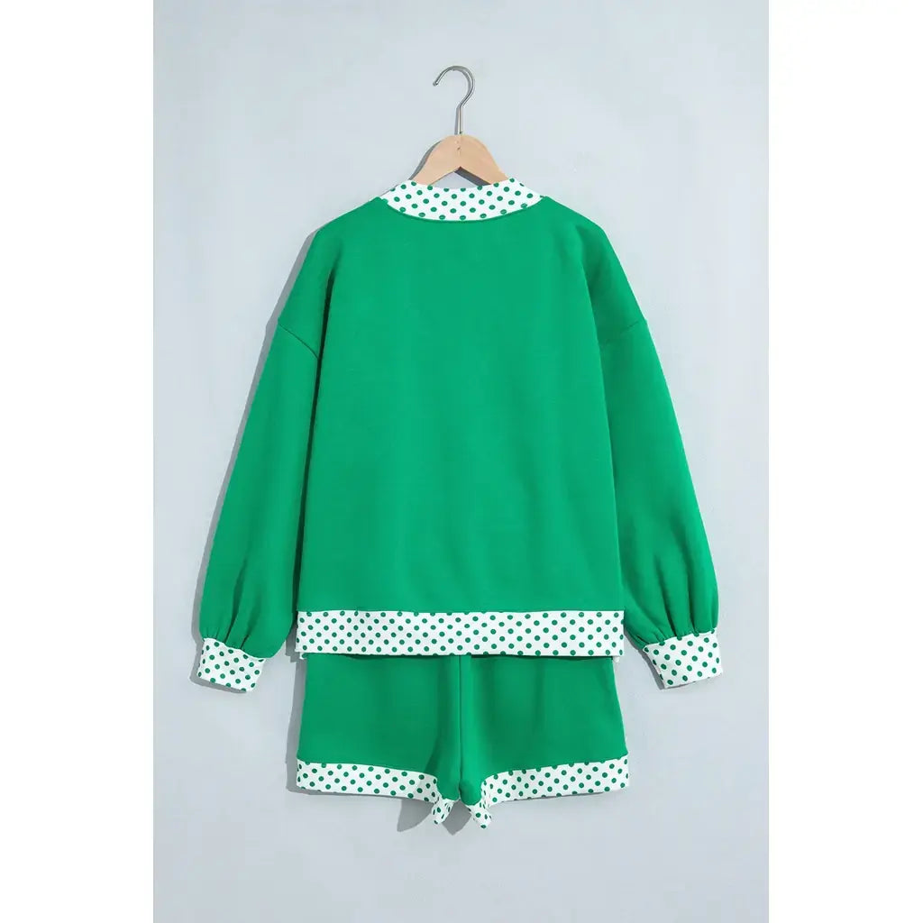 Bright Green Polka Dot Trim Baggy Pullover 2pcs Short Set
