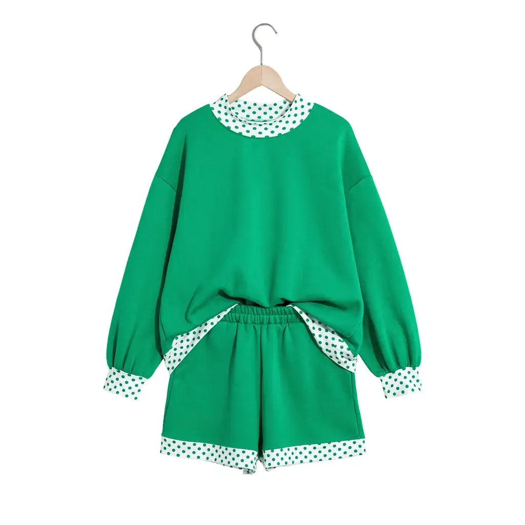 Bright Green Polka Dot Trim Baggy Pullover 2pcs Short Set