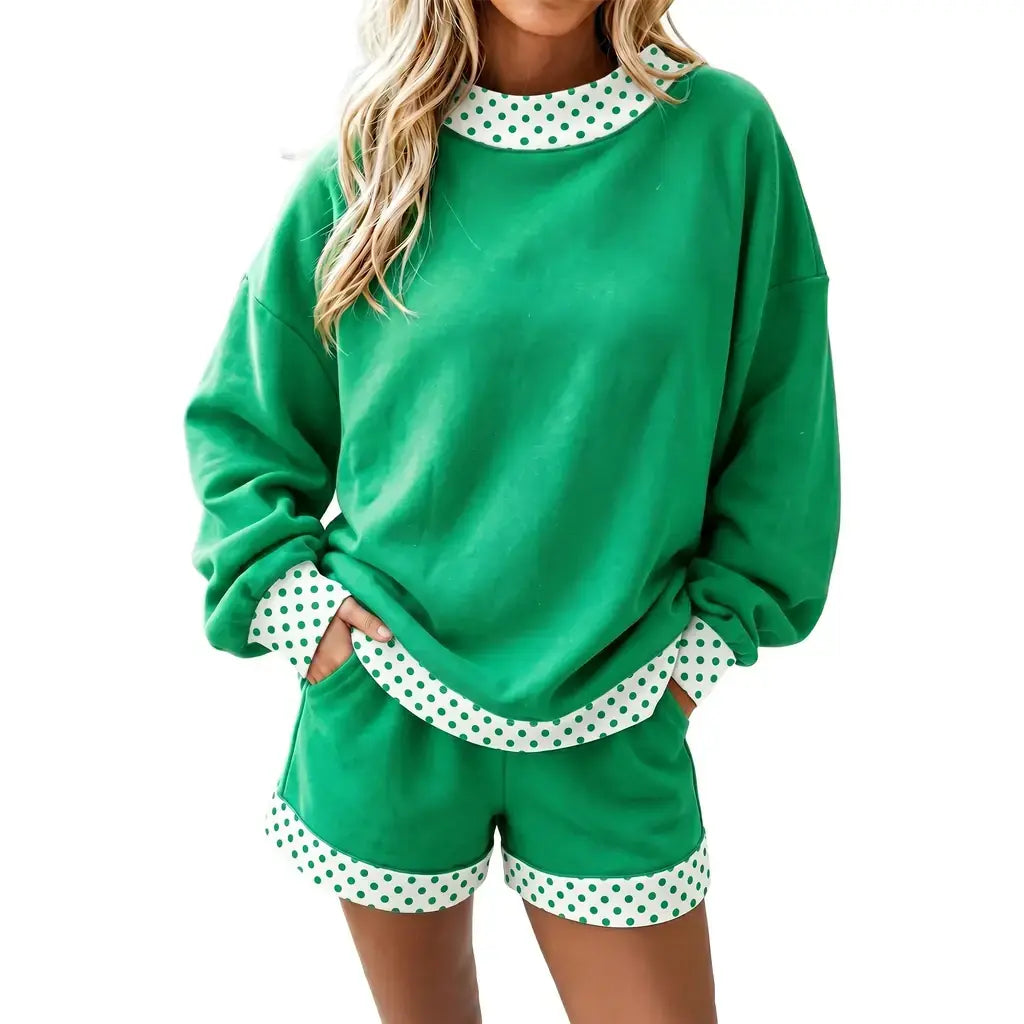 Bright Green Polka Dot Trim Baggy Pullover 2pcs Short Set