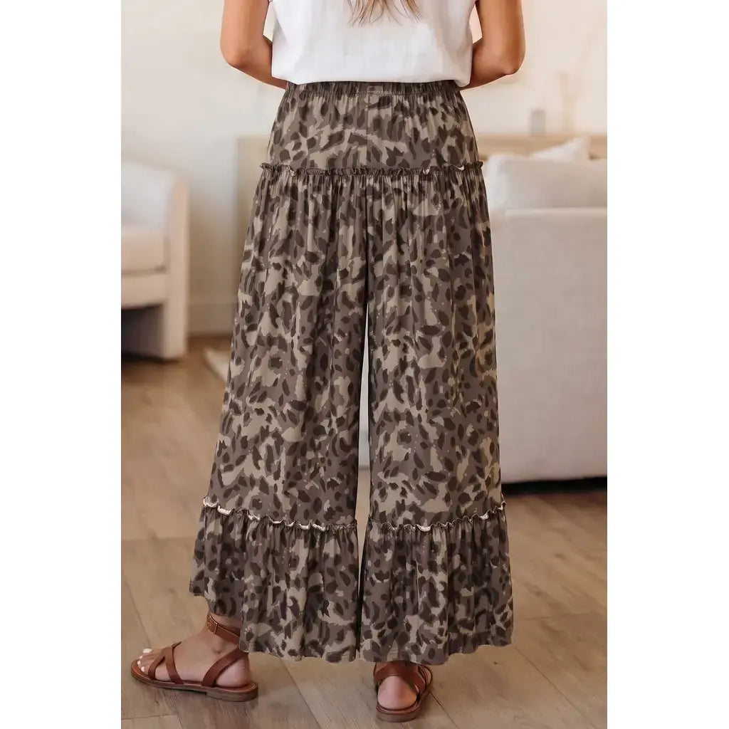 Brown Camo Print Wide Leg Casual Pants