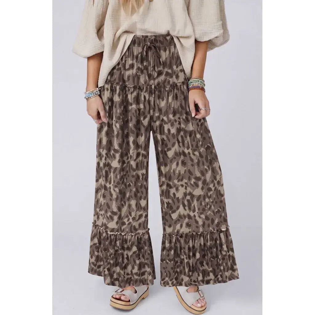 Brown Camo Print Wide Leg Casual Pants