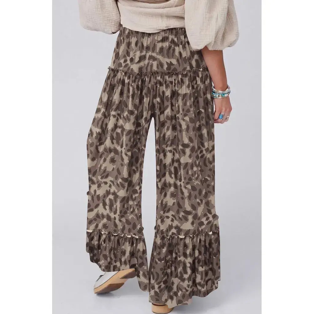 Brown Camo Print Wide Leg Casual Pants