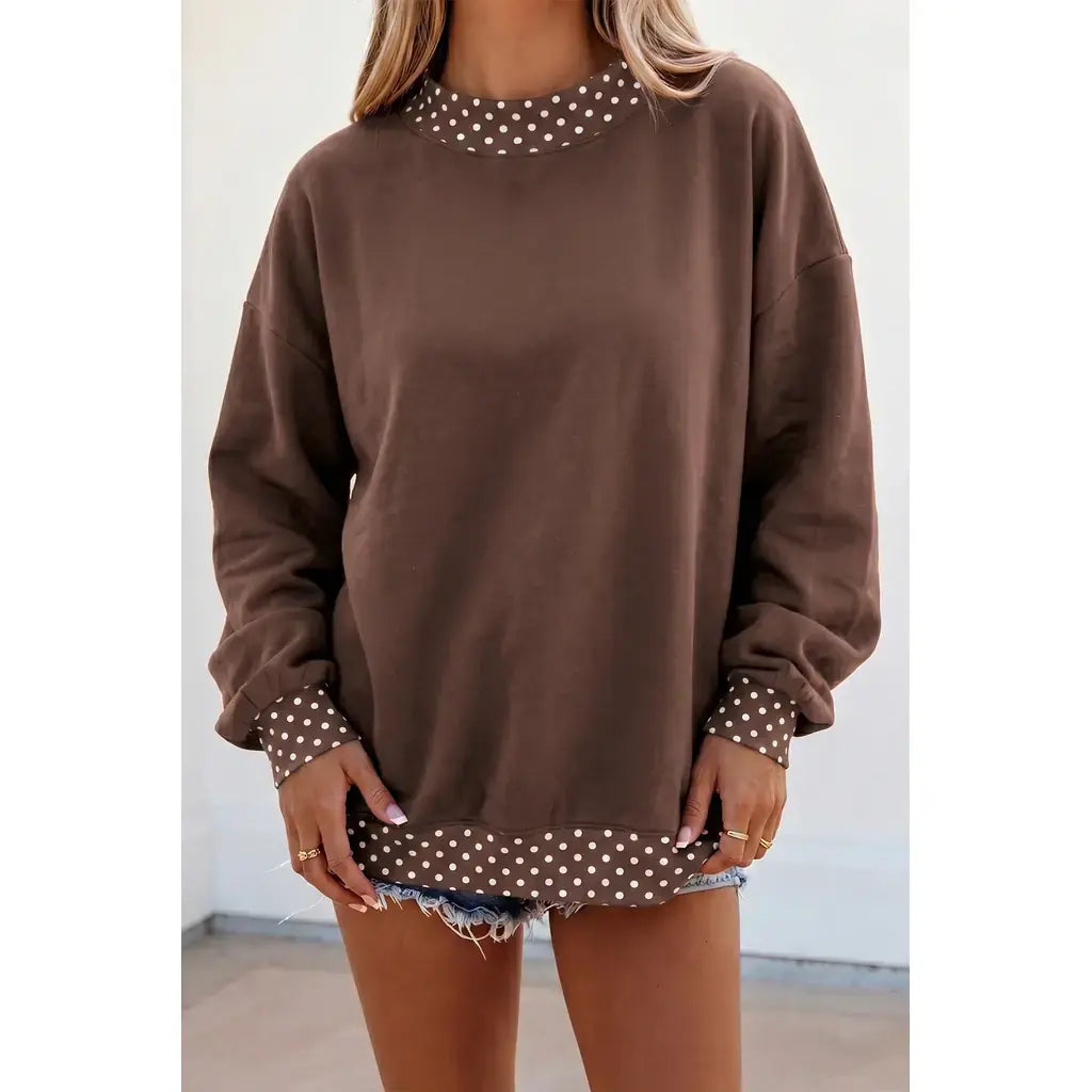 Brown Colorblock Polka Dot Contrast Trim Oversized Sweatshirt