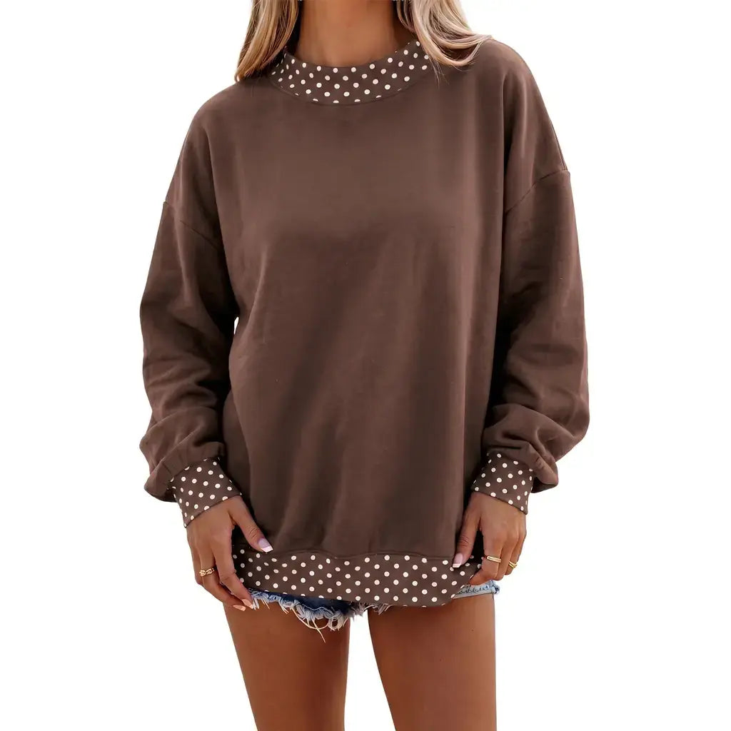 Brown Colorblock Polka Dot Contrast Trim Oversized Sweatshirt