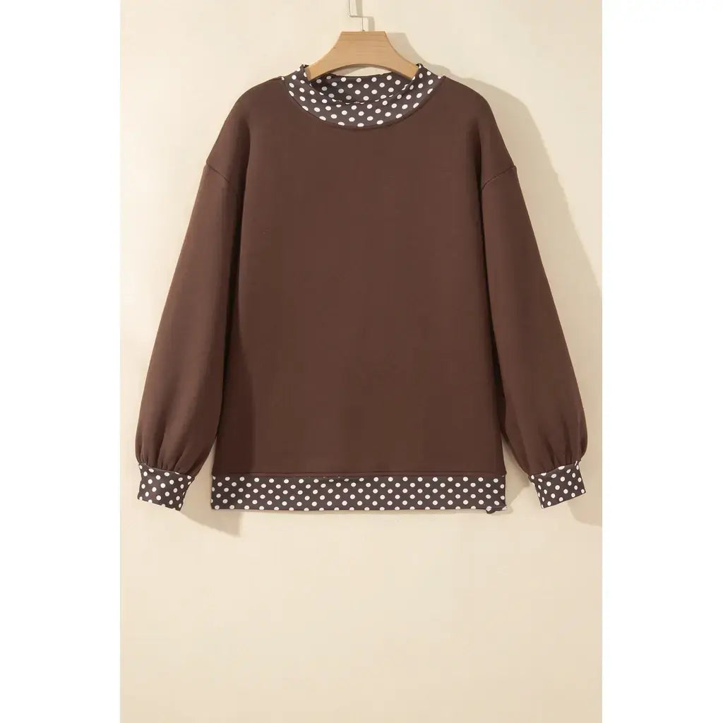 Brown Colorblock Polka Dot Contrast Trim Oversized Sweatshirt