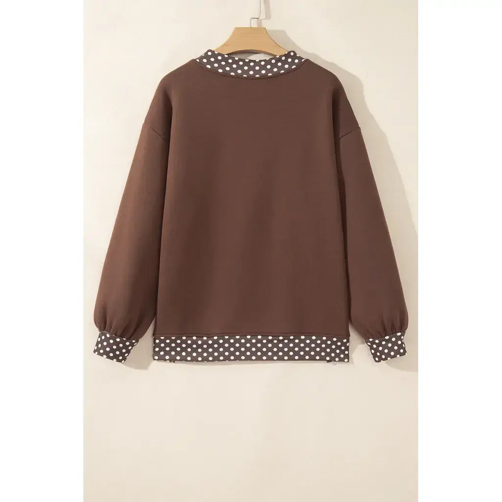 Brown Colorblock Polka Dot Contrast Trim Oversized Sweatshirt