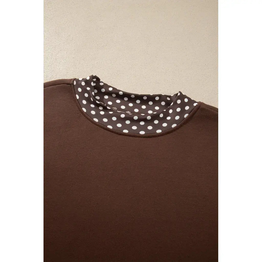 Brown Colorblock Polka Dot Contrast Trim Oversized Sweatshirt