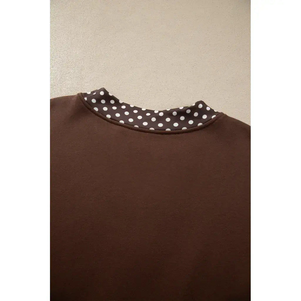 Brown Colorblock Polka Dot Contrast Trim Oversized Sweatshirt