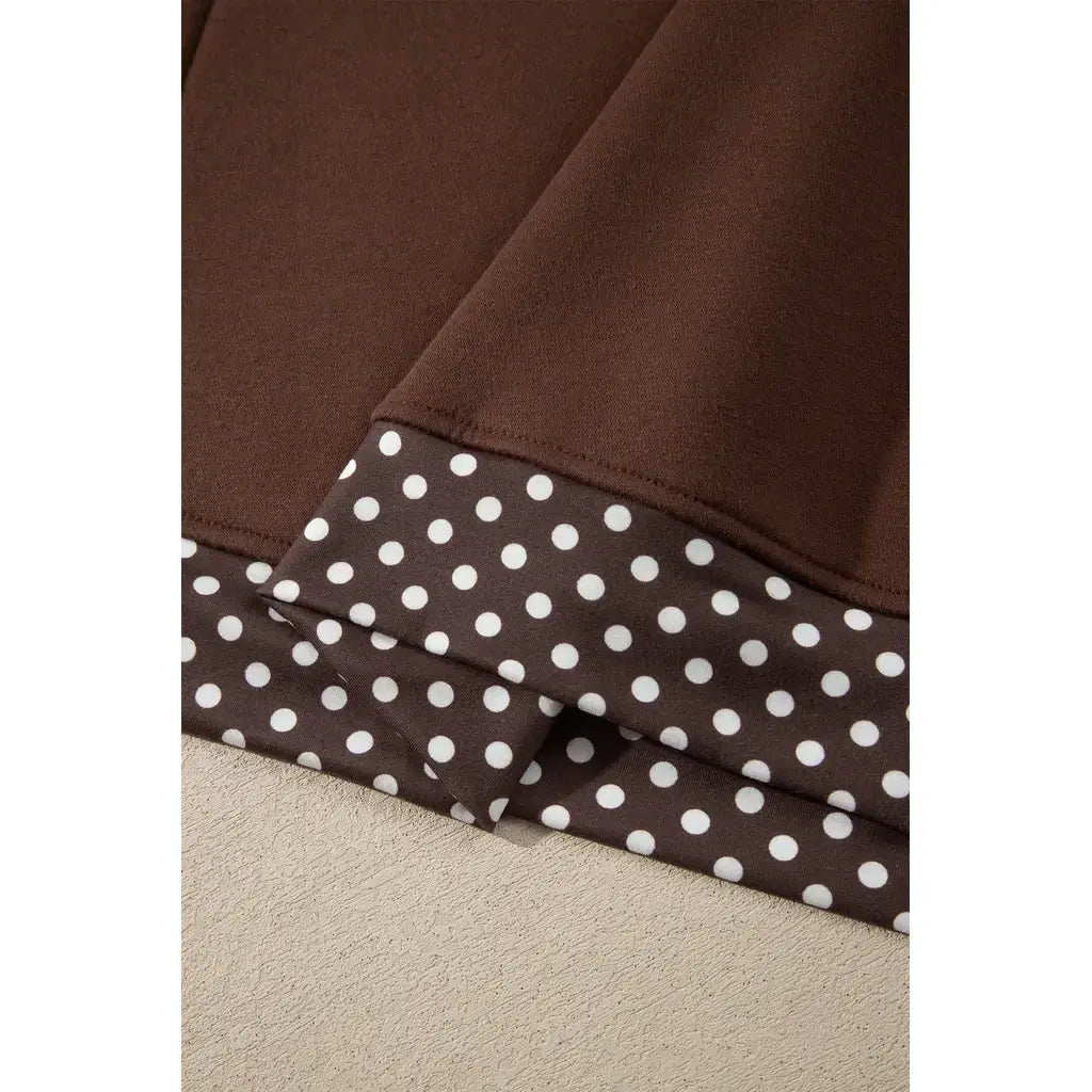 Brown Colorblock Polka Dot Contrast Trim Oversized Sweatshirt