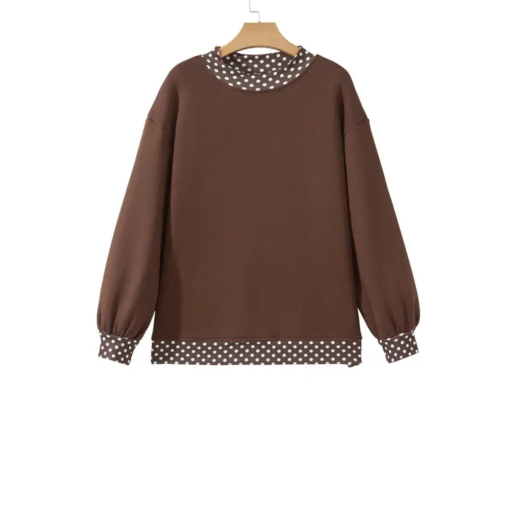 Brown Colorblock Polka Dot Contrast Trim Oversized Sweatshirt