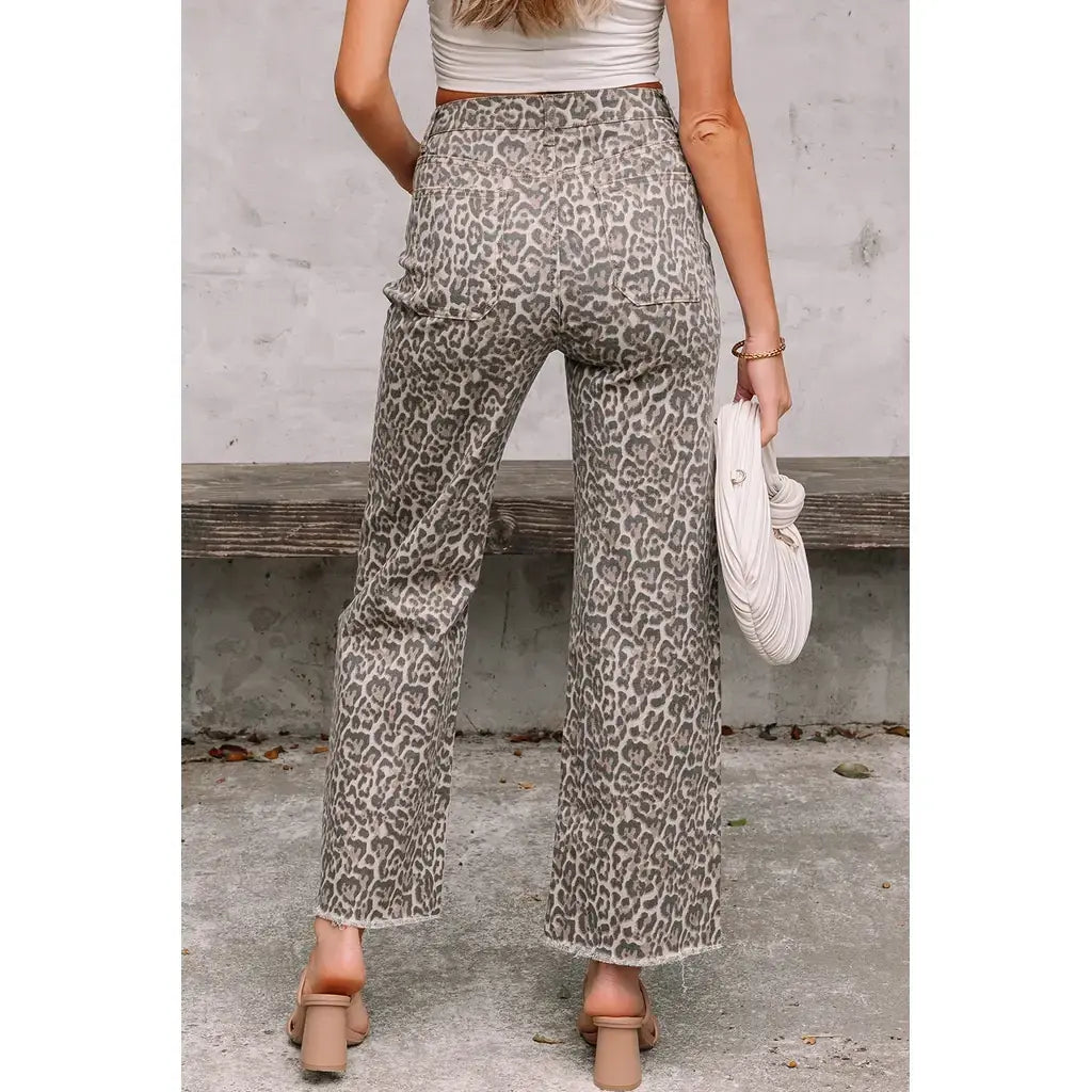 Brown Leopard Frayed Edge Wide Leg High Waist Jeans