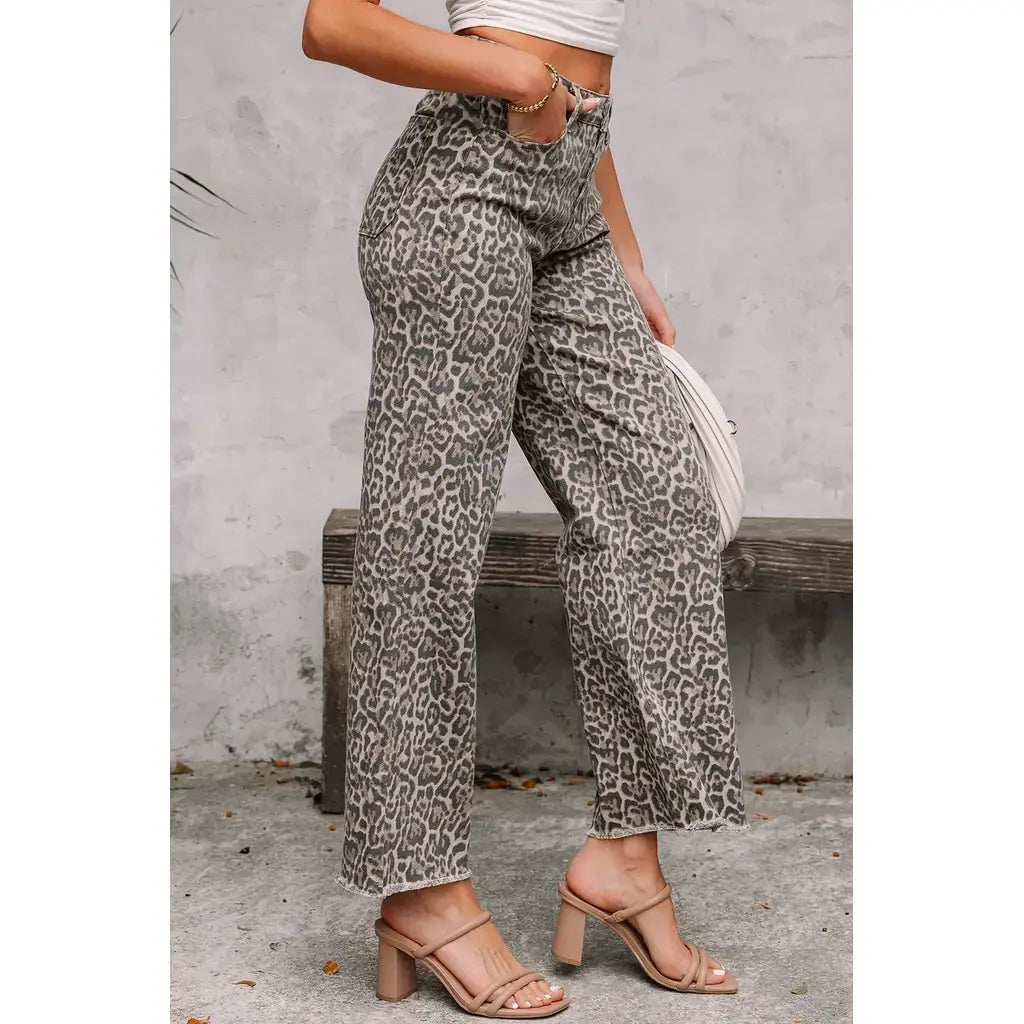 Brown Leopard Frayed Edge Wide Leg High Waist Jeans