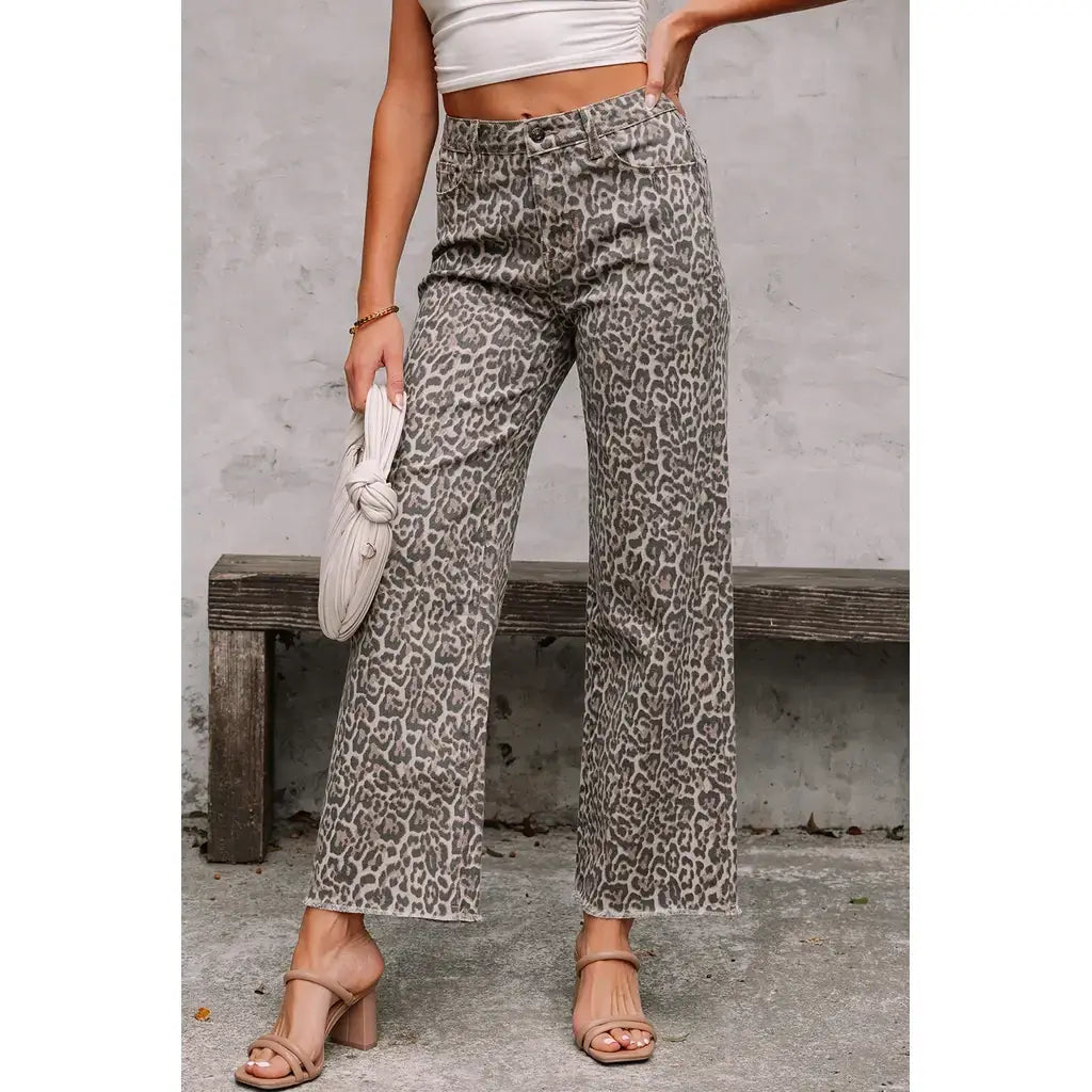 Brown Leopard Frayed Edge Wide Leg High Waist Jeans