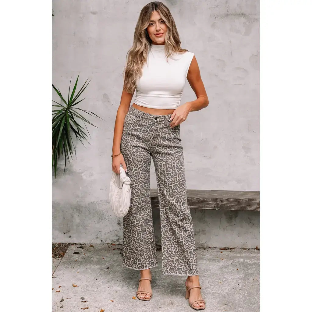 Brown Leopard Frayed Edge Wide Leg High Waist Jeans