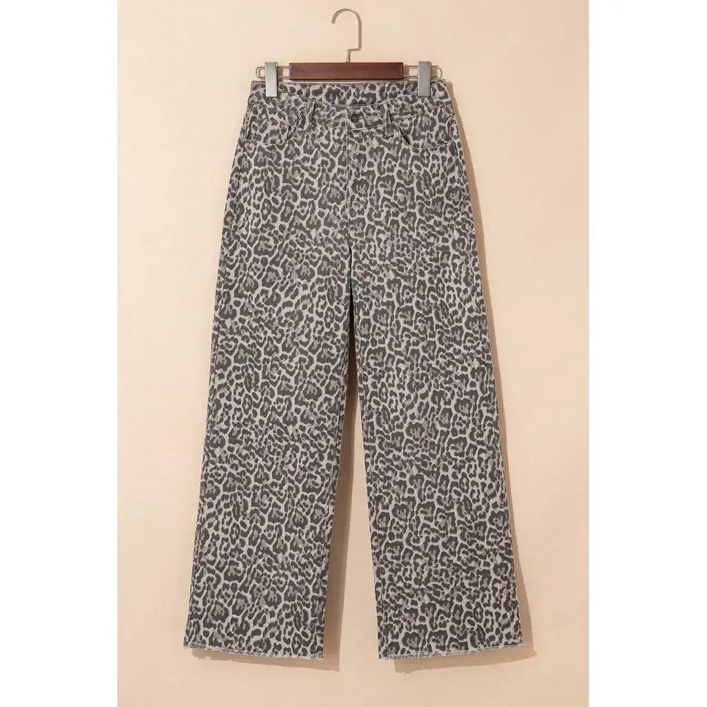 Brown Leopard Frayed Edge Wide Leg High Waist Jeans