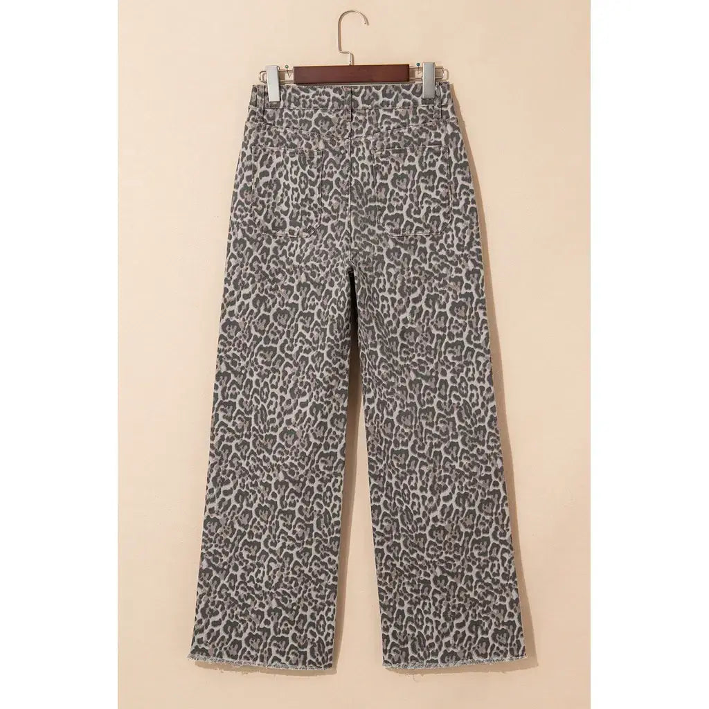 Brown Leopard Frayed Edge Wide Leg High Waist Jeans