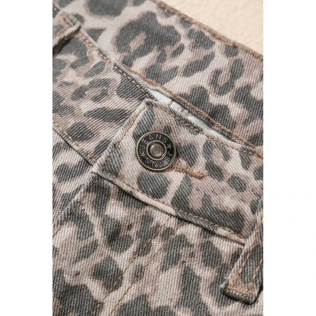 Brown Leopard Frayed Edge Wide Leg High Waist Jeans
