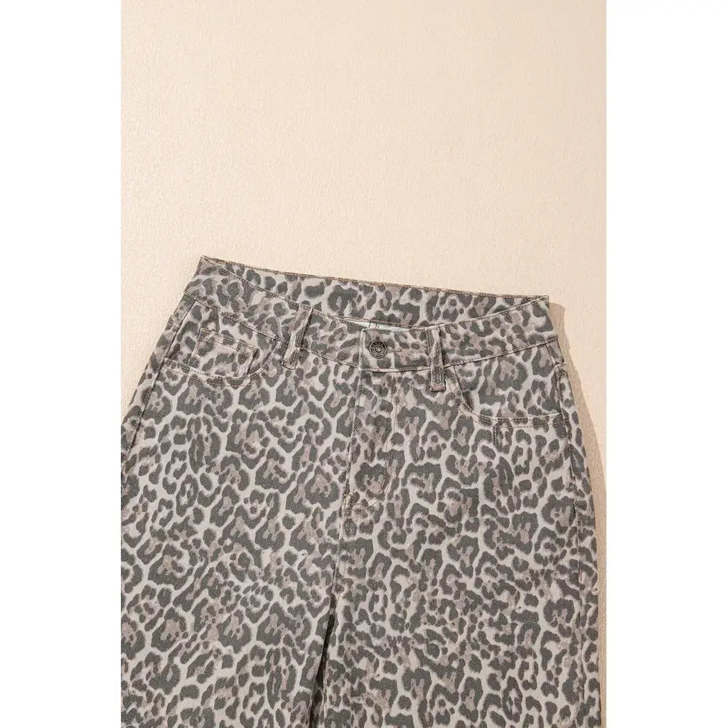 Brown Leopard Frayed Edge Wide Leg High Waist Jeans