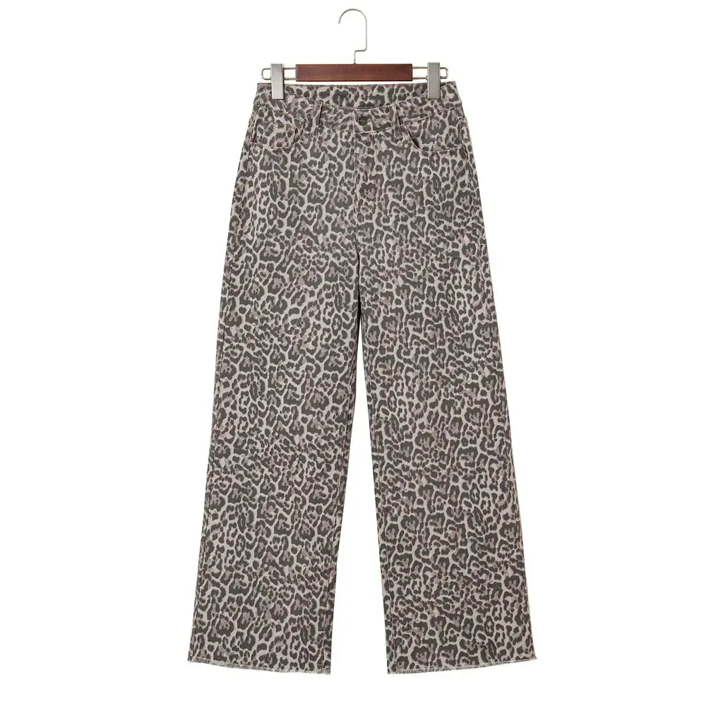 Brown Leopard Frayed Edge Wide Leg High Waist Jeans