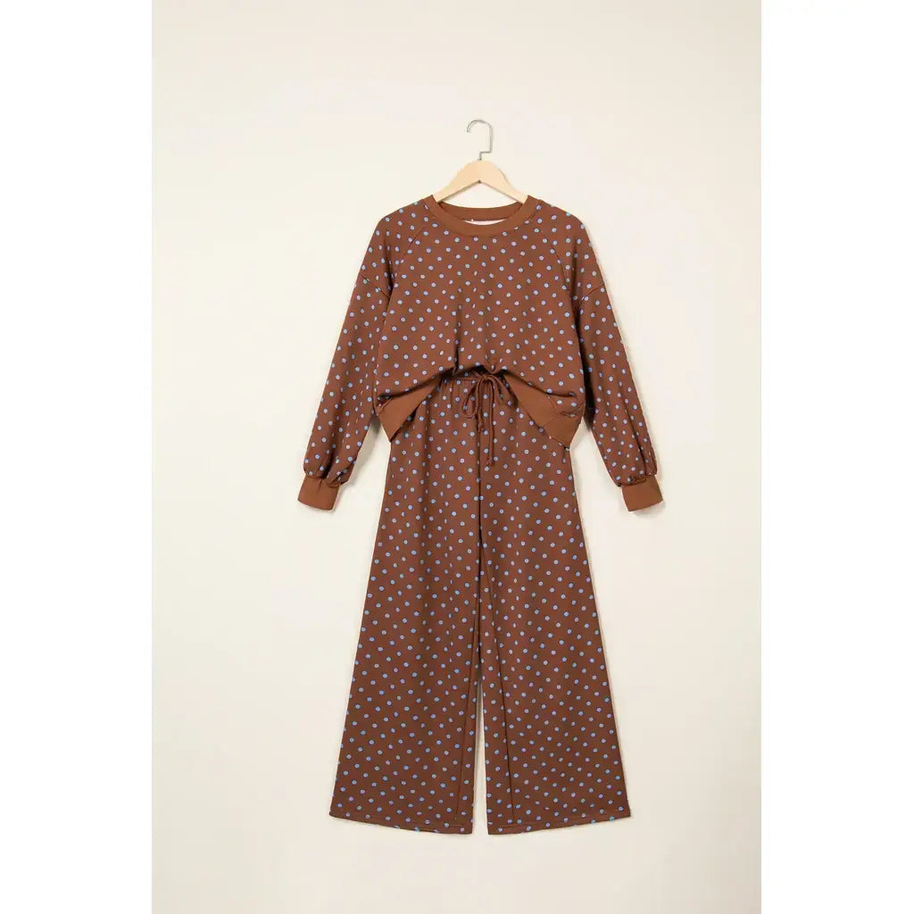 Brown Polka Dot Drawstring Wide Leg Long Sleeve Top Pant Set