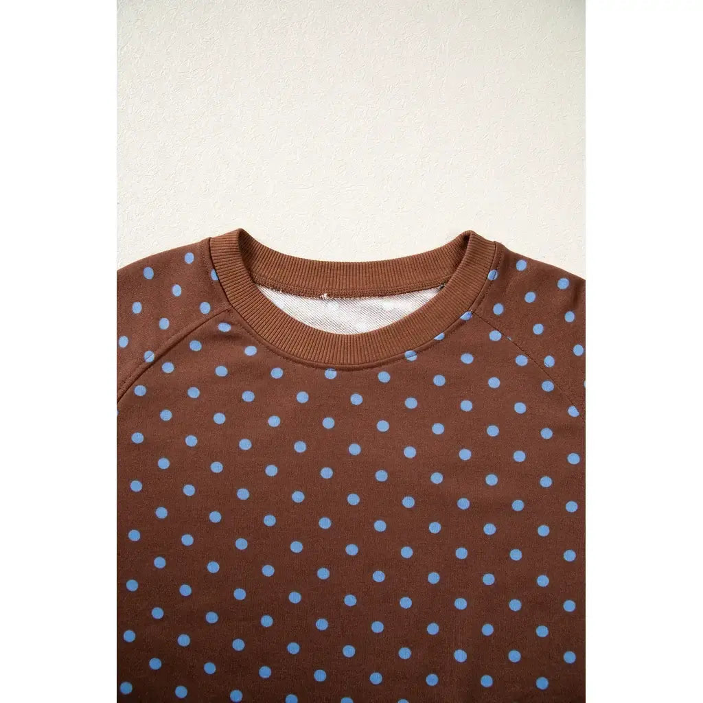 Brown Polka Dot Drawstring Wide Leg Long Sleeve Top Pant Set