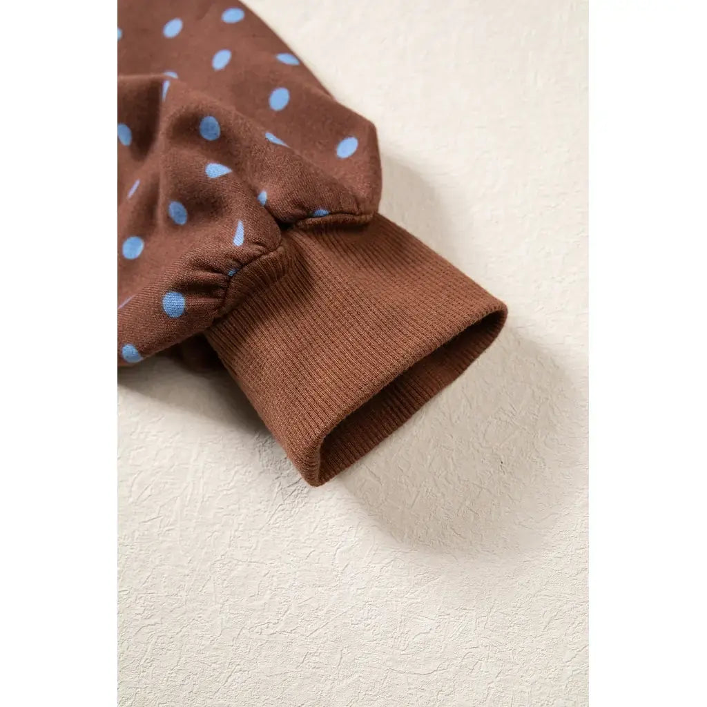 Brown Polka Dot Drawstring Wide Leg Long Sleeve Top Pant Set