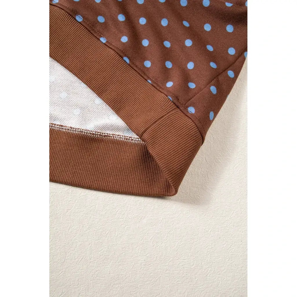 Brown Polka Dot Drawstring Wide Leg Long Sleeve Top Pant Set