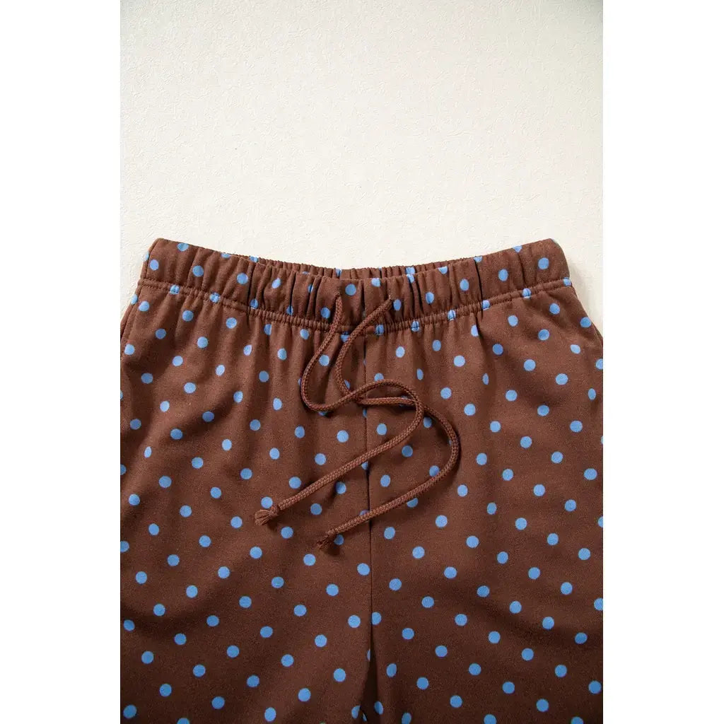 Brown Polka Dot Drawstring Wide Leg Long Sleeve Top Pant Set