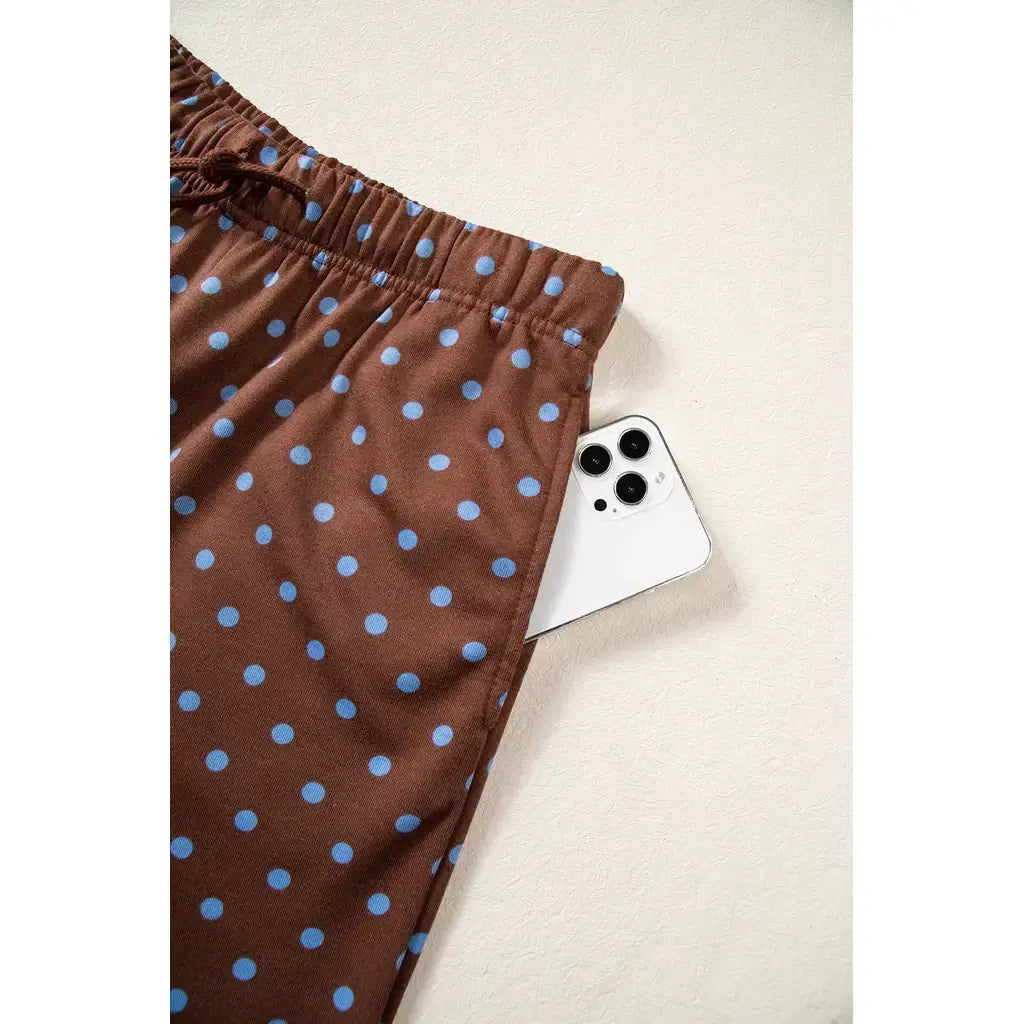 Brown Polka Dot Drawstring Wide Leg Long Sleeve Top Pant Set