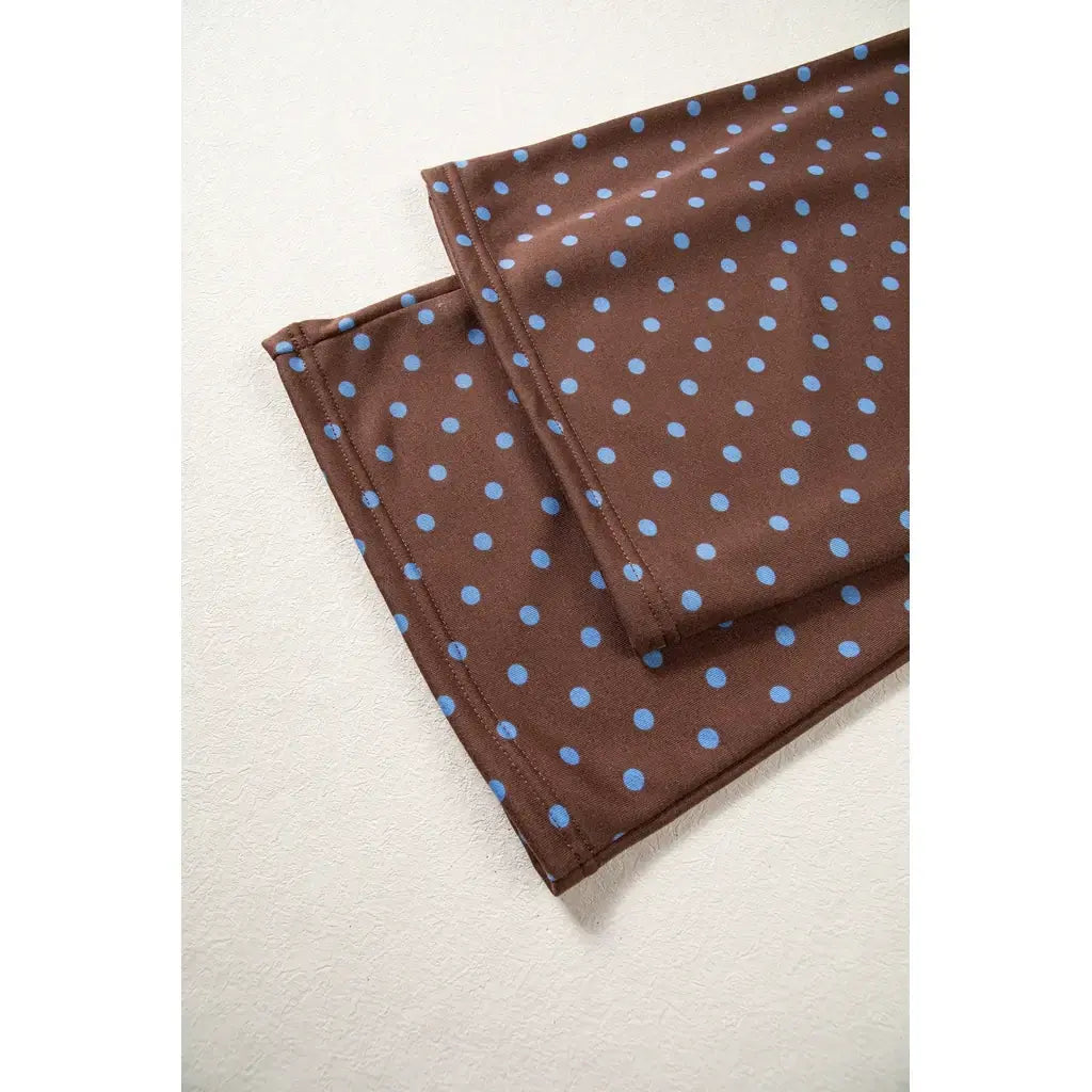 Brown Polka Dot Drawstring Wide Leg Long Sleeve Top Pant Set