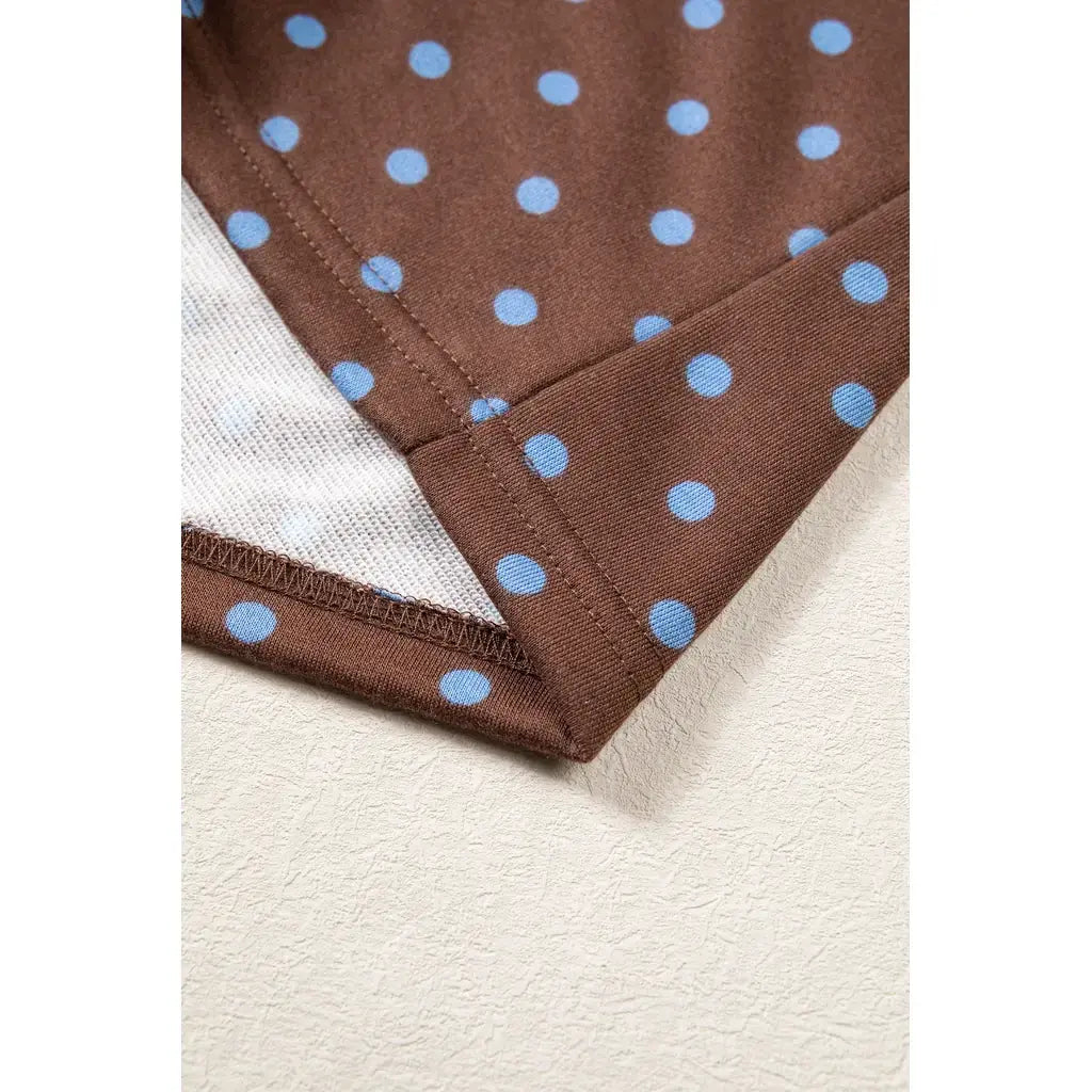 Brown Polka Dot Drawstring Wide Leg Long Sleeve Top Pant Set