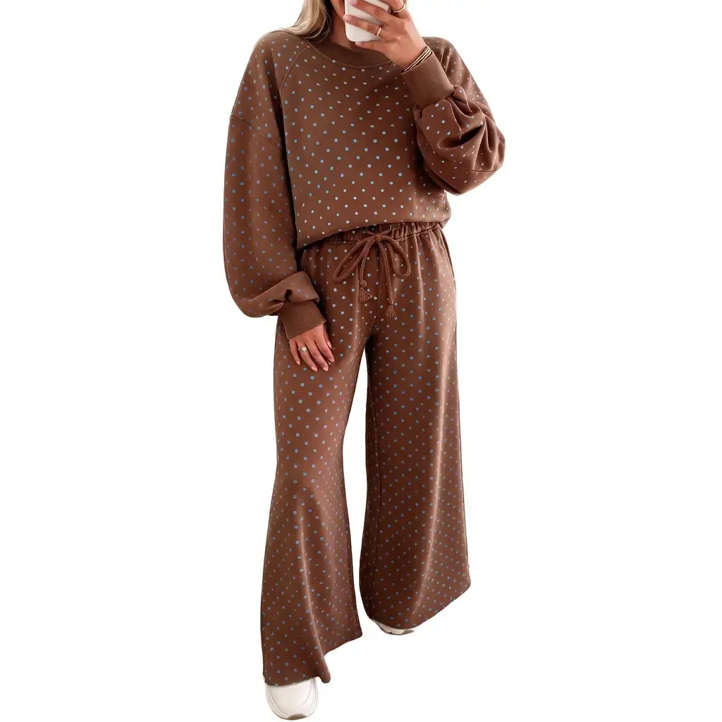 Brown Polka Dot Drawstring Wide Leg Long Sleeve Top Pant Set