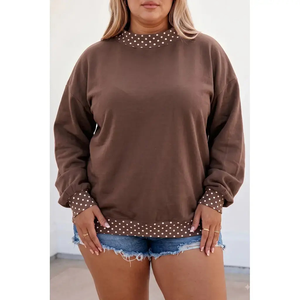 Brown Polka Dot Patchwork Round Neck Plus Size Sweatshirt