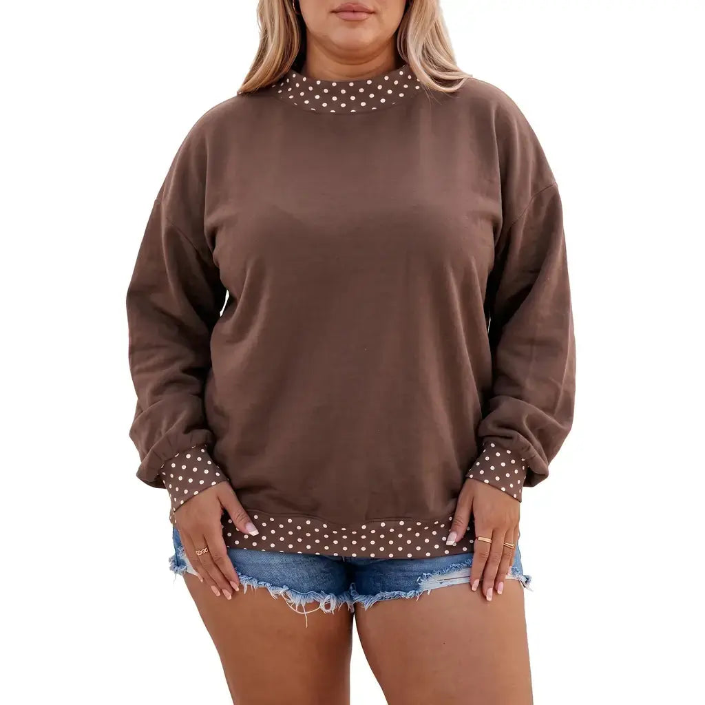 Brown Polka Dot Patchwork Round Neck Plus Size Sweatshirt