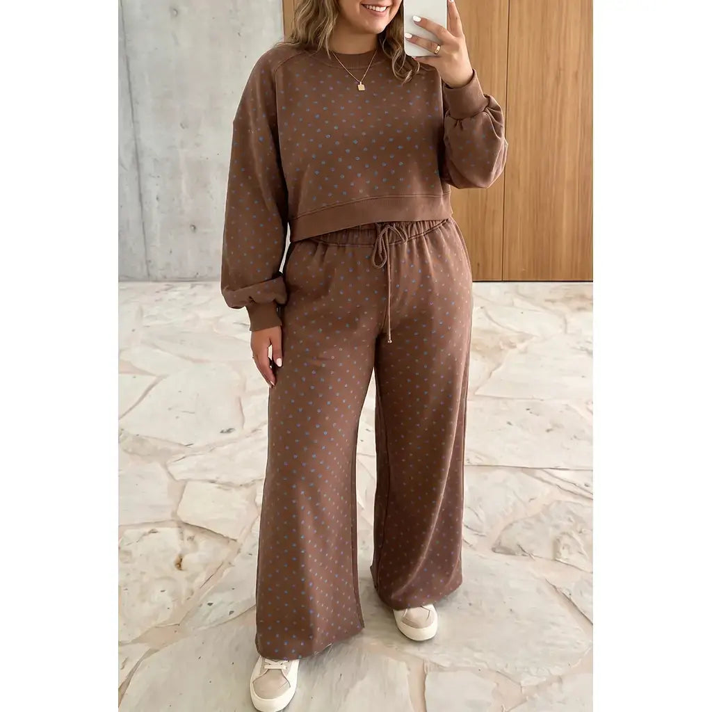 Brown Polka Dot Round Neck Long Sleeve Plus Size Set