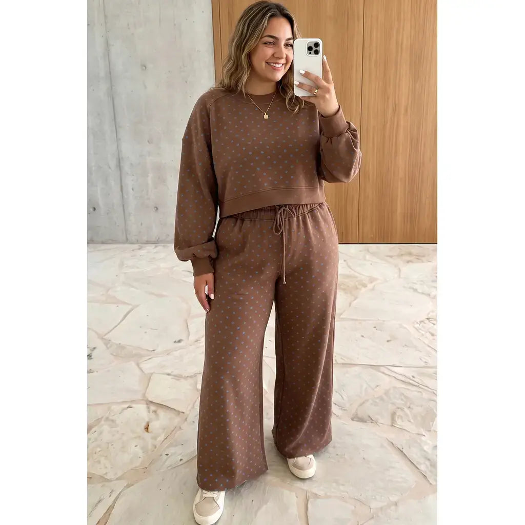 Brown Polka Dot Round Neck Long Sleeve Plus Size Set