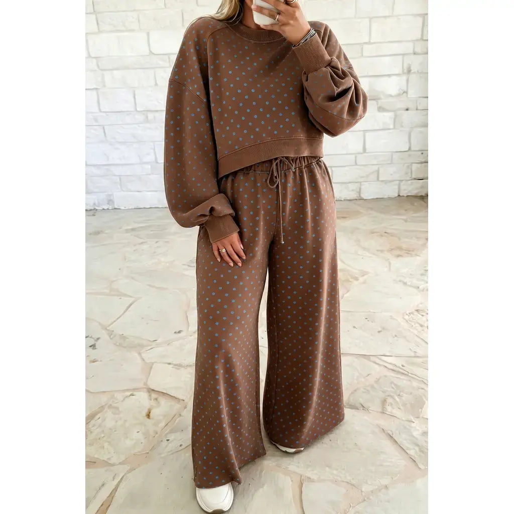 Brown Polka Dot Round Neck Long Sleeve Plus Size Set