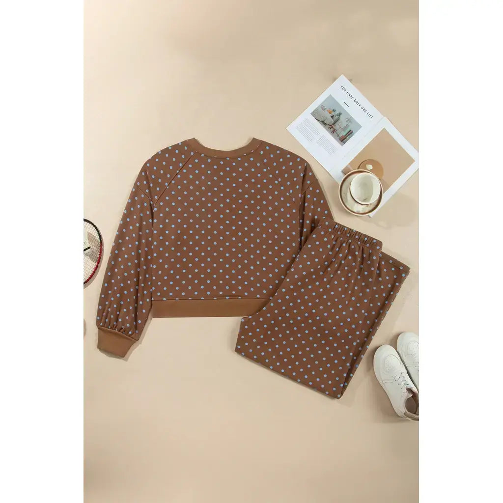 Brown Polka Dot Round Neck Long Sleeve Plus Size Set