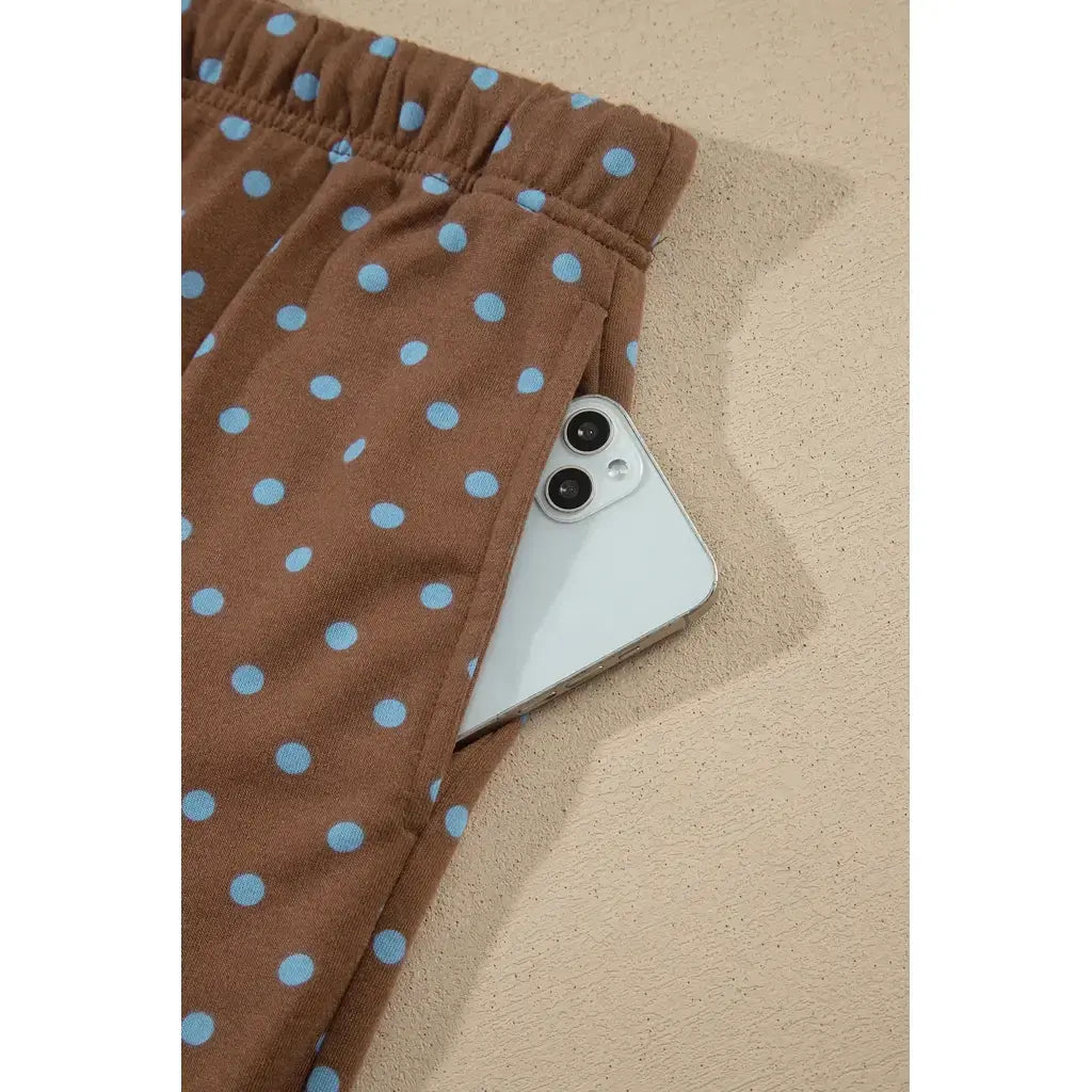 Brown Polka Dot Round Neck Long Sleeve Plus Size Set