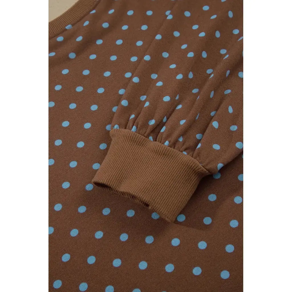 Brown Polka Dot Round Neck Long Sleeve Plus Size Set