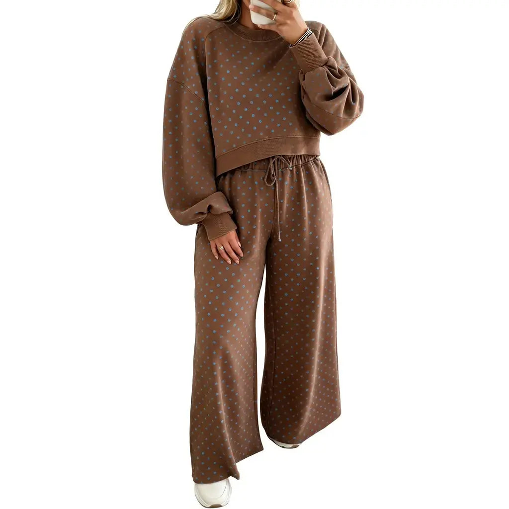Brown Polka Dot Round Neck Long Sleeve Plus Size Set