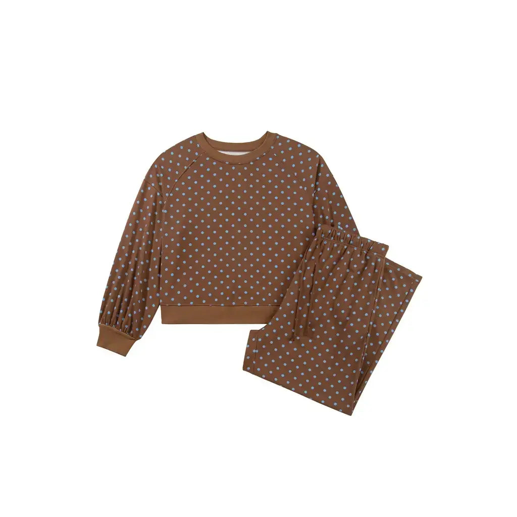 Brown Polka Dot Round Neck Long Sleeve Plus Size Set