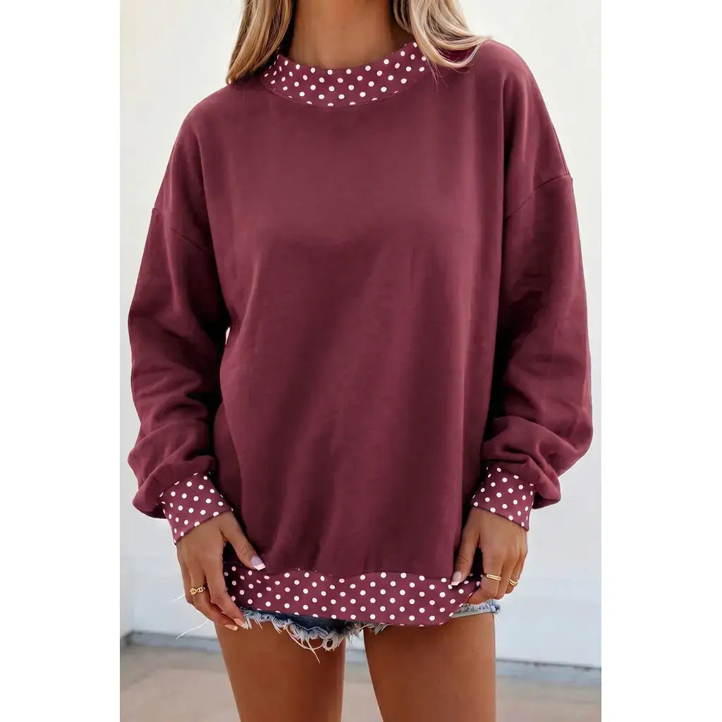 Burgundy Colorblock Polka Dot Contrast Trim Oversized Sweatshirt