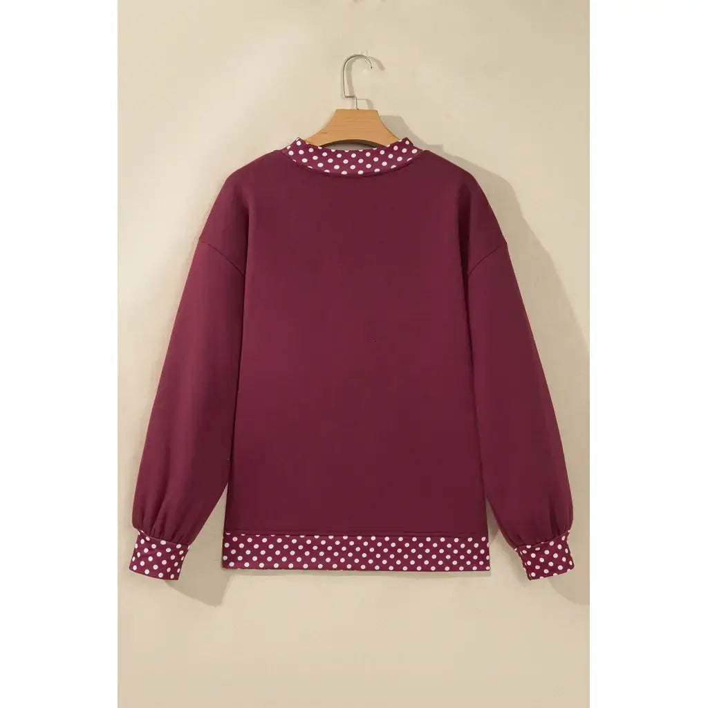 Burgundy Colorblock Polka Dot Contrast Trim Oversized Sweatshirt